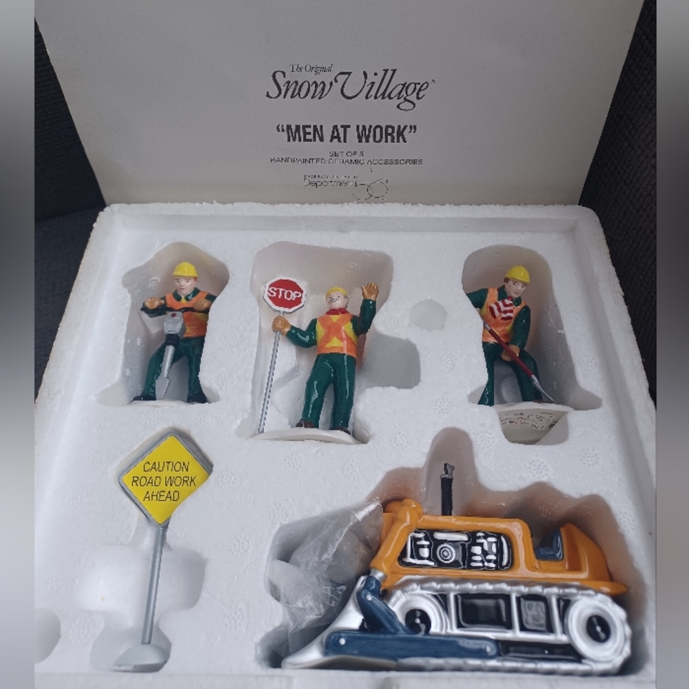 Dept 56 Men At Work The Original Snow Village Set of 5 Ceramic Accessories Sign